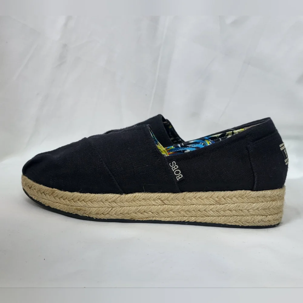 Bobs Skechers Womens Black Highlights‎ Memory Foam Slip On Espadrille Wedge 8.5M